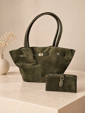 Italian Olive Green Suede Tote Bag & Matching Wallet Set – Made in Italy